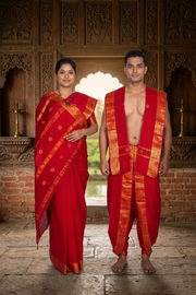 Red Dobby Couple Set with Golden Zari Border and Butis