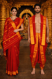 Red Dobby Couple Set with Golden Zari Border and Butis