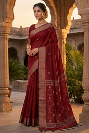 Maroon Dobby Saree with Buti and Goldan Zari Border
