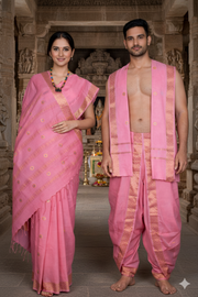 Pink Dobby Couple Set with Golden Zari Border and Butis