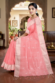 Pink Dobby Saree with Silver Zari Border and Butis