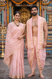 Peach Dobby Couple Set with Golden Zari Border and Butis