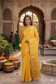 Goldan Yellow Dobby Saree with Goldan Zari Border and Butis