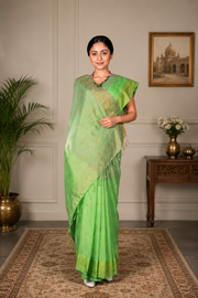 Green Dobby Saree with Golden Zari Border and Butis