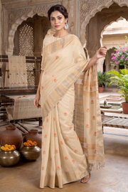 Cream Dobby Saree with Goldan Zari Border and Butis