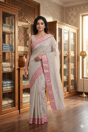 Gray Dobby Saree with Butis and Magenta, Goldan Zari Border