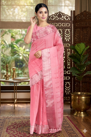 Pink Dobby Saree with Silver Zari Border and Butis