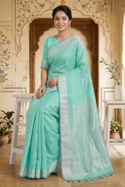 Sea Green Dobby Saree with Silver Zari Border and Butis
