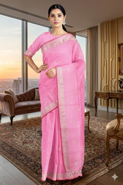 Pink Dobby Saree with Zari Butis and Silver Zari Border