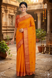 Mustarad Yellow Dobby Saree with Red and Golden Zari Border and Butis
