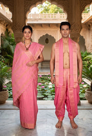 Pink Dobby Couple Set with Golden Zari Border and Butis