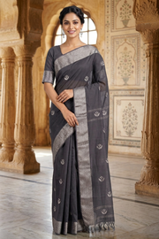 Slety Gray Dobby Saree with Silver Zari Border and Silver Zari Butis