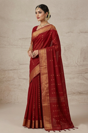 Maroon Dobby Saree with Goldan and Silver Zari Border and Butis