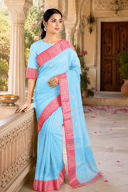 Sky Blue Dobby Saree with Pink and Silver Zari Border and Butis