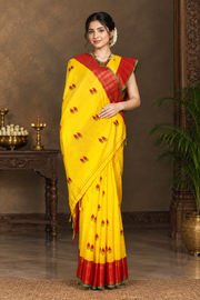 Yellow Dobby Saree with Golden Zari, Red and Green Border and Butis