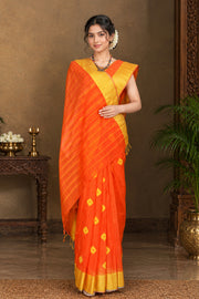 Orange Dobby Saree with Blue, Golden Zari and Yellow Border and Butis