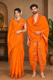 Orange Dobby Couple Set with Golden Zari Border and Butis