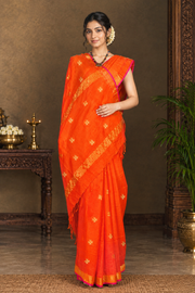 Orange Dobby Saree with Magenta and Golden Zari Border and Butis