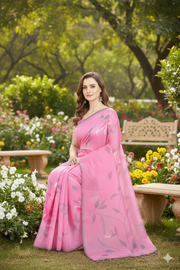 Pink, White and Grey Hand Painted Saree with Blue Border