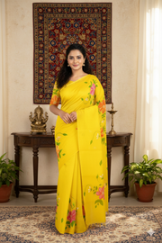 Yellow, Orange, Magenta and Green Hand Painted Saree