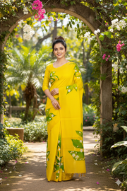 Yellow, Green and White Hand Painted Saree