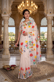Seashell White Hand Painted Saree with Multi Color Flower Patterned Border
