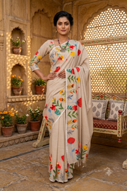 Alabaster White Hand Painted Saree with Multi Color Flower Patterned Border