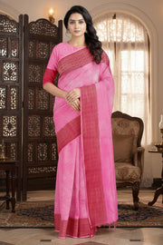 Magenta and Silver Zari Jacquard Saree with Red Border