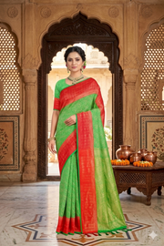 Green and Golden Zari Jacquard Saree with Red Border