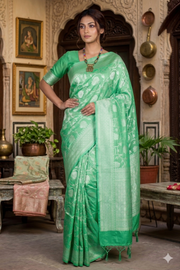 Green Jacquard Cotton Banarasi Saree with White Border and Motifs