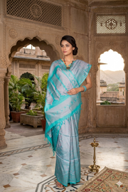 Cyan and Pink Jacquard Cotton Banarasi Saree
