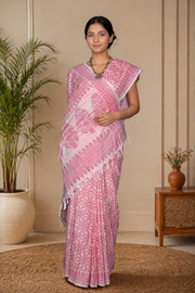 White Jacquard Cotton Banarasi Saree with Pink Border and Motifs