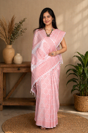 White and Orange Jacquard Cotton Banarasi Saree