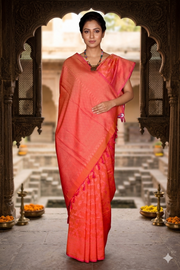 Orange and White Jacquard Cotton Banarasi Saree