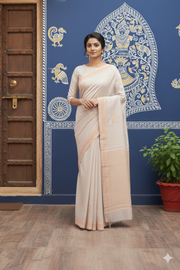 Pearl White Hand Spun Hand Woven Saree with White, Silver and Golden Zari Border and Butis