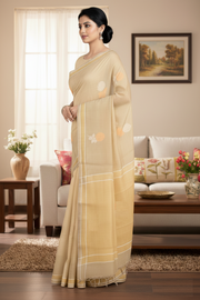 Tan Hand Woven Hand Spun Saree with Silver and Golden Zari Border and Butas