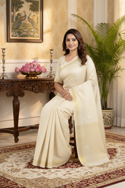 Off White Organic Jacquard Saree with Silver and Golden Zari Border and Butis