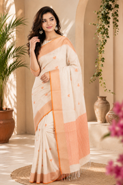 Off White Jacquard Saree with Orange Border and Butis