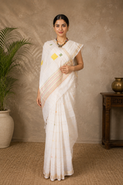 White Jamdani Saree with Golden Zari Linings and Border and Multi Color Motifs