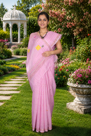 Pink Jamdani Saree with Golden Zari Linings and Border and Multi Color Motifs