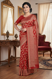 Ruby Red and Golden Zari Jacquard Saree
