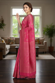 Raspberry Pink and Golden Zari Jacquard Saree with Raisin Purple Border