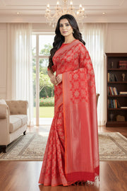 Red Jacquard Banarsi Saree with Silver Zari