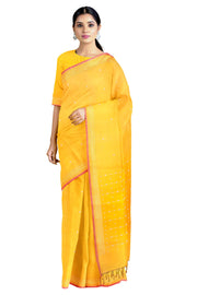 Yellow Jacquard Saree with Magenta and Silver Zari Border and Butis