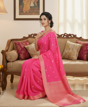 Magenta Jacquard Saree with Golden Zari Border and Silver Zari Butis