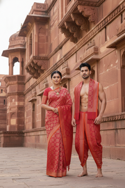 Red and Golden Zari Jacquard Banarasi Couple Set with Orange Border