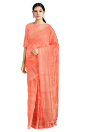 Coral Pink Jacquard Banarsi Saree with Goldan Zari