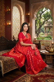 Red and Golden Zari Jacquard Mercerised Banarasi Saree