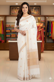 White Jacquard Saree with Golden Zari Border and Butis