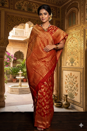 Auburn Brown and Golden Zari Jacquard Cotton Banarasi Saree